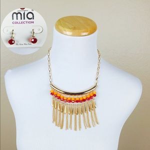 NEW Bar Beaded Tassel Fringe Necklace and Earrings Set Gold Tone Chain